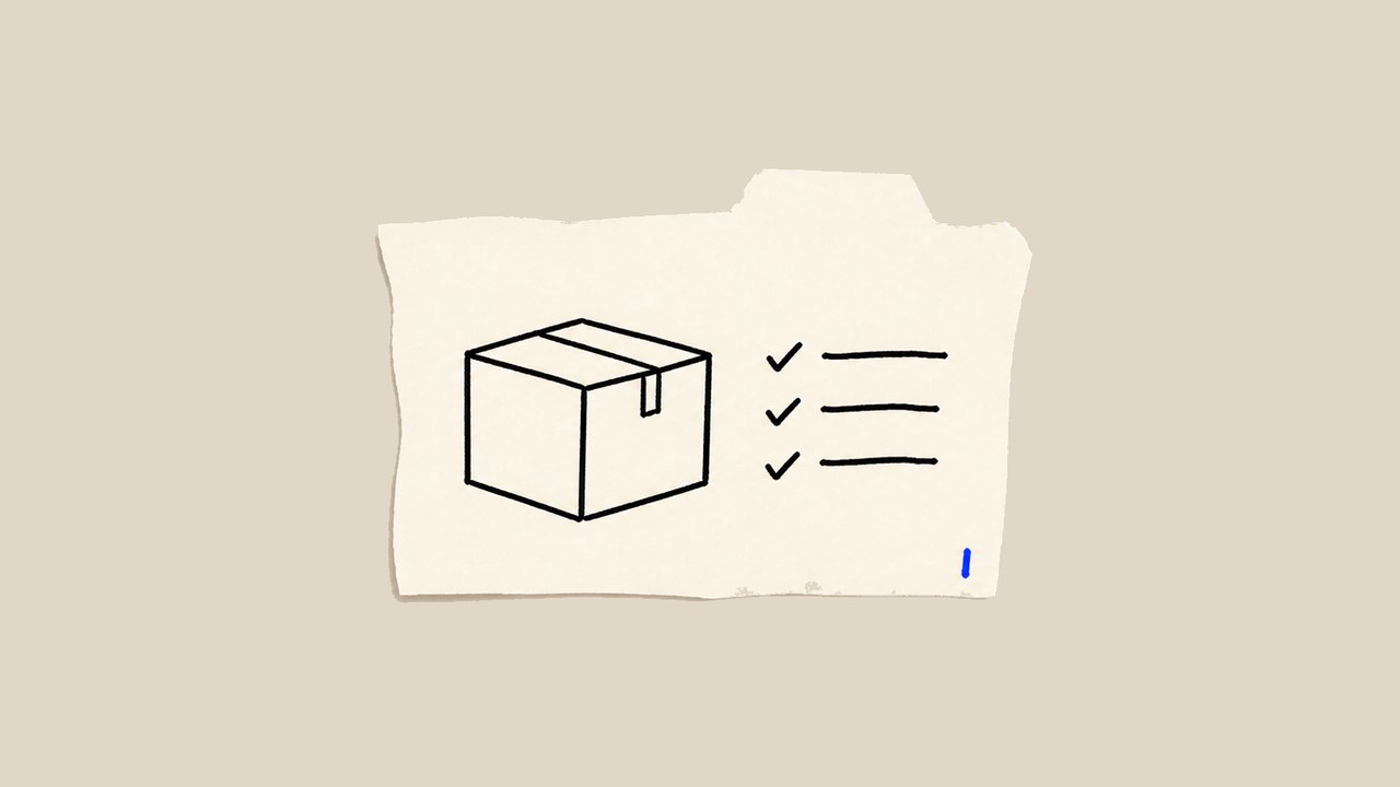 Hand-cut paper cover showing a carton measure card for CBM freight planning.