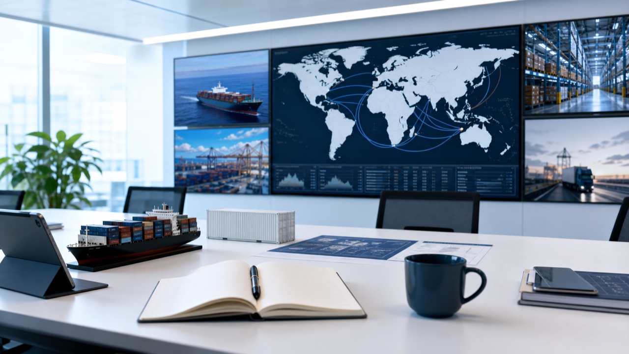 Réunion de planification du fret avec cartes de routes et documents logistiques sur un bureau.